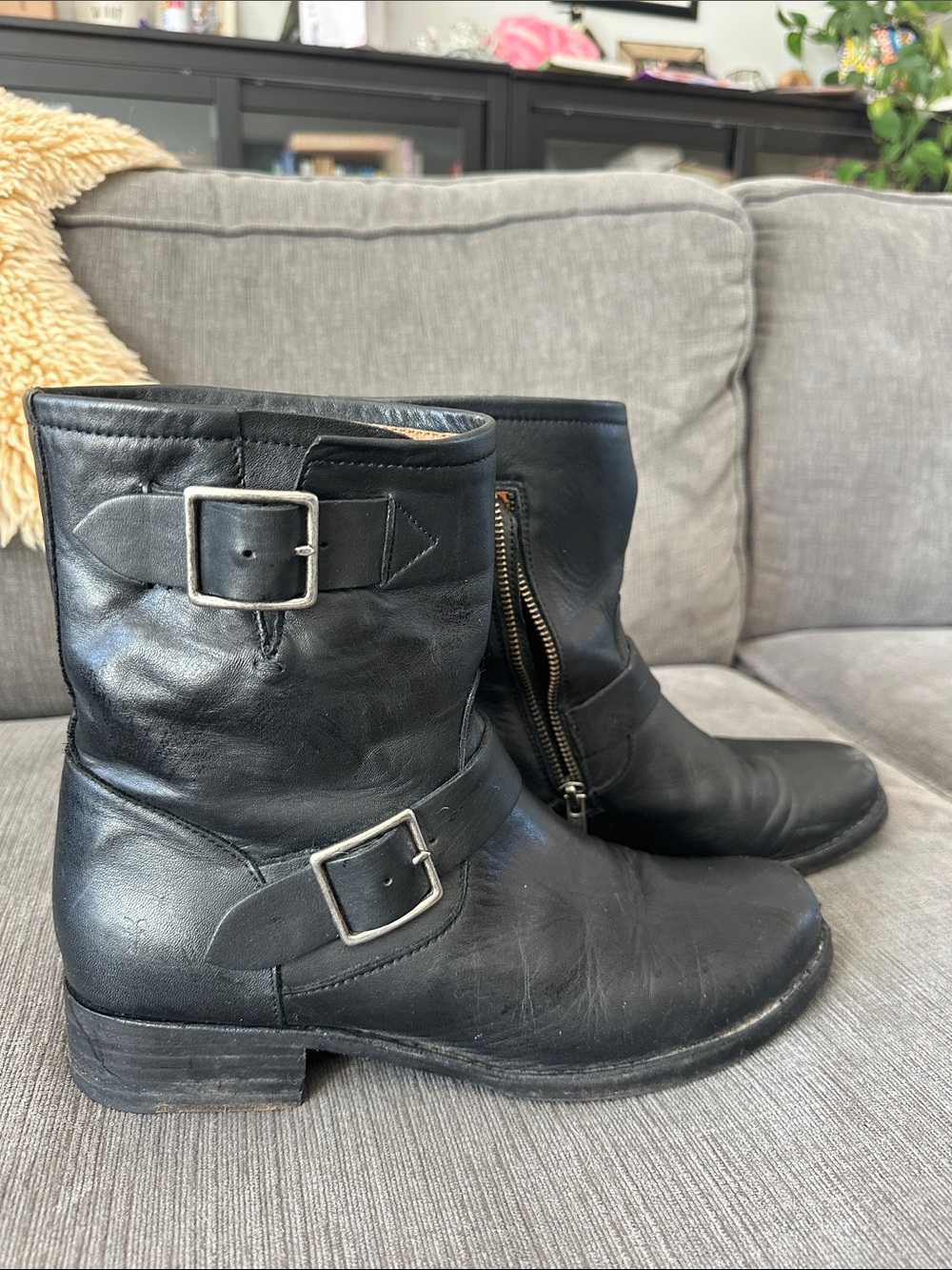 Frye Black Leather Buckle Ankle Boots